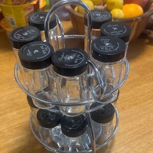 Spice Rack with Glass Jars and Black Lids